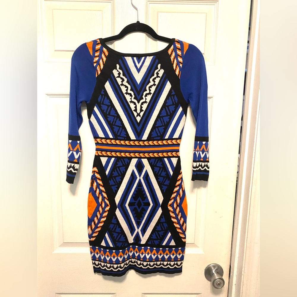 Flying Tomato Blue and Orange Aztec Geometric Pattern mini knit Dress size S - Picture 2 of 6